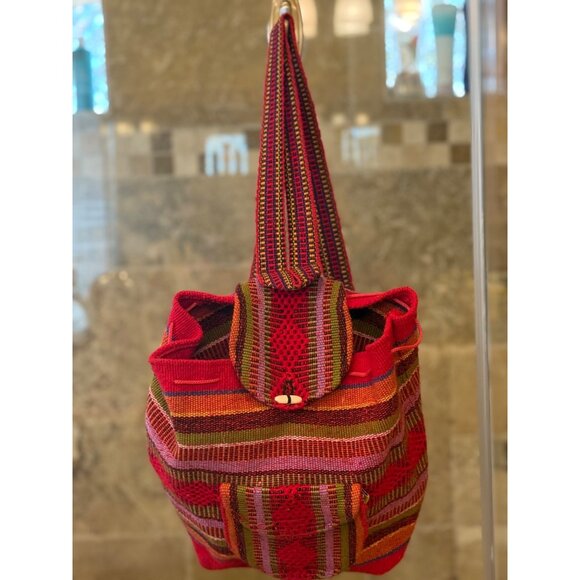 Handmade Woven Backpack With Multicolor Stripes & Front Pocket - Artisan Made In - Picture 1 of 6